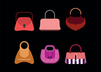 Colored design elements isolated on a white background Handbags and Clutches vector icon set. Collection of fashionable stylish women's handbags. Each one of the design element created on a separate 