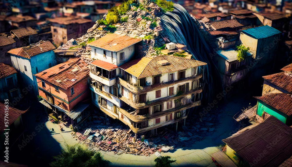Poster an aerial view of building with mountain in the background. generative ai.