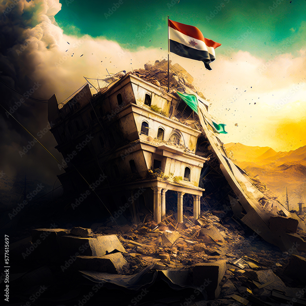 Poster destroyed building with flag on top of it. generative ai.