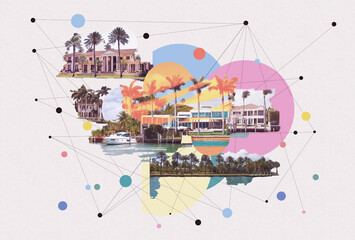Luxurious mansion in Miami Beach, Florida at US. Creative contemporary art collage or design.