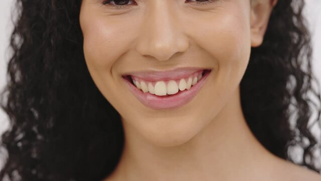 Face, dental teeth and smile of woman with veneers, invisalign or tooth care. Portrait, skincare beauty and attractive, young and happy female model laughing with lip cosmetics, makeup or oral health