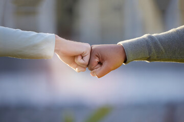 Motivation, support and people with a fist bump for partnership, goal and teamwork. Thank you,...