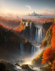 sunrise in the mountains with waterfalls