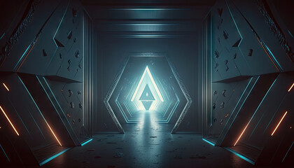 Technology abstract corridor neon light background, empty space scene, spaceship, dark night, virtual reality, futuristic Sci-fi tunnel background, studio for mock up with Generative AI.