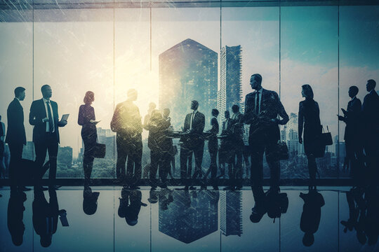 都会のオフィスビルを背景に、多くのビジネスマンが会議をしている二重露光画像です。チームワーク、信頼、合意というコンセプトGeneretiveAI