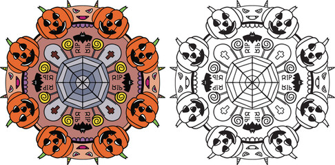 Halloween mandala with Jack O’ Lanterns, cute monsters, and bats elements. Hand-drawn lines. Doodles art for greeting cards, invitations or posters. Coloring book for adults and kids.
