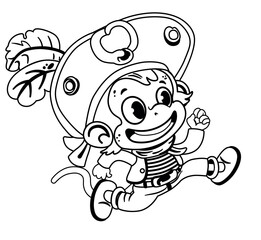 Running Pirate Monkey Character. Black and White. Cartoon Vector Illustration. 