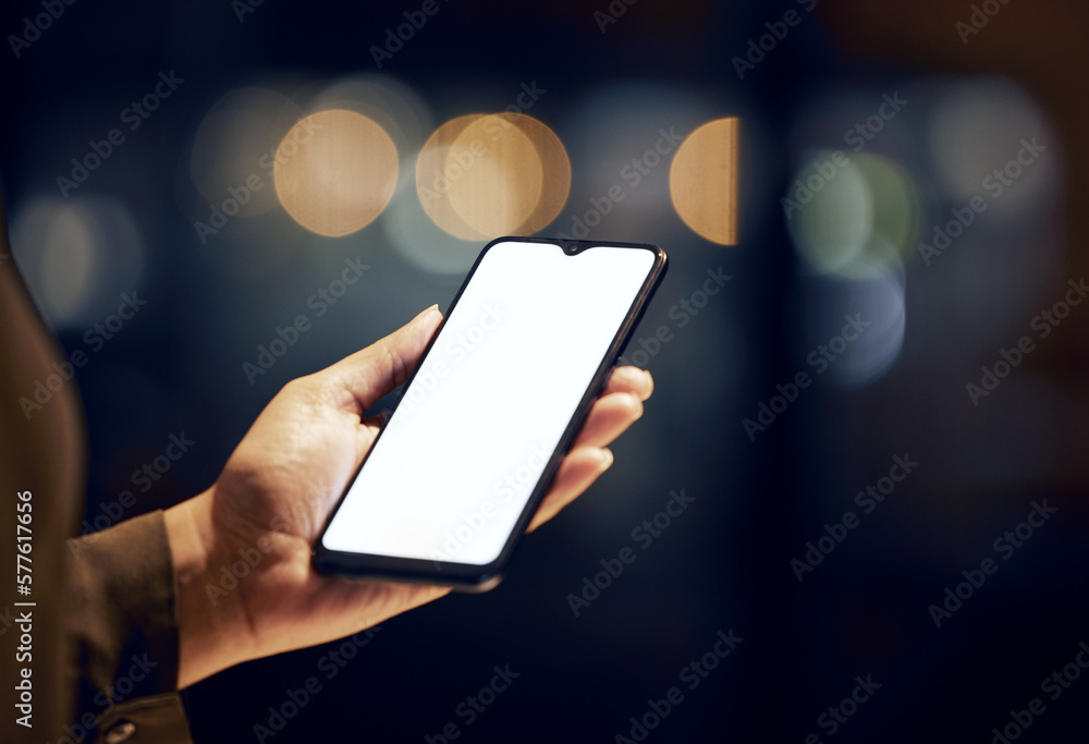 Poster phone screen, night and person hands for mobile app mockup, website product placement or global netw