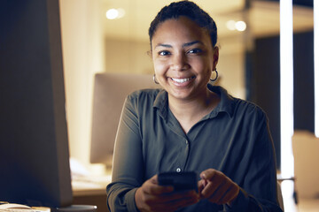 Night, phone and portrait of woman in office for social media, networking and search. Technology,...