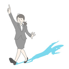 人差し指を上に掲げて前進するスーツ姿の若い女性