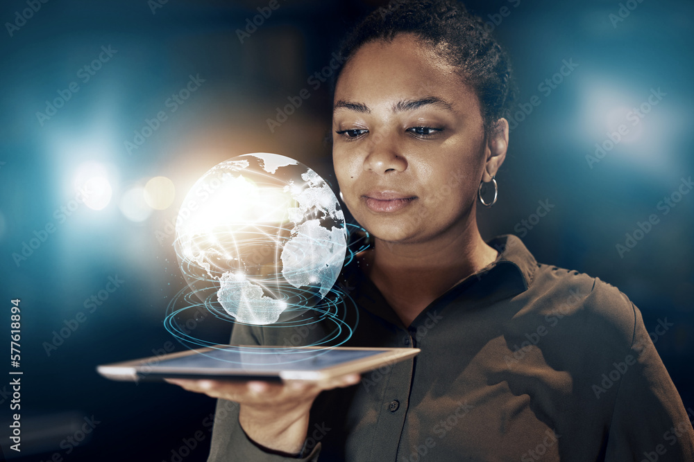 Leinwandbilder tablet hologram, global network or black woman with world data analysis, worldwide earth communicati