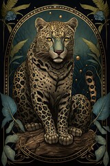 Beautiful Designer Illustration of Ancient Mythological Majestic Leopard Animal in the Artistic Tarot Card Style: Vibrant Colors Intricate Details Fortune-Telling Magic Mythology generative AI
