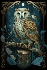 Beautiful Designer Illustration of Ancient Mythological Majestic Owl Animal in the Artistic Tarot Card Style: Vibrant Colors Intricate Details Fortune-Telling Magic Mythology generative AI