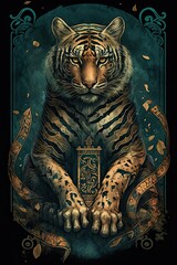 Beautiful Designer Illustration of Ancient Mythological Majestic Tiger Animal in the Artistic Tarot Card Style: Vibrant Colors Intricate Details Fortune-Telling Magic Mythology generative AI