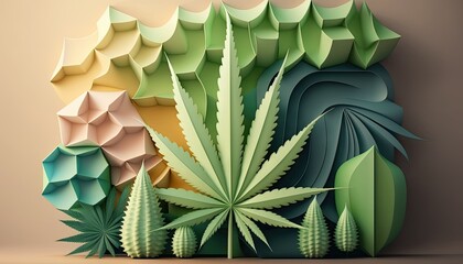 Beautiful Designer 420 Cannabis Seasonal Background with 3D shapes designs Calm color Modern Wallpaper Template with Vibrant Hues for Presentation, Ad, and All Applications (generative AI)