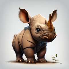 Cute young baby rhino the rhinoceros illustration adorable and curious on gray background, ai.