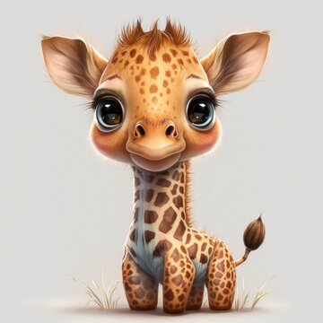 Cute Young Baby Giraffe Calf Illustration Standing Adorable And Curious With Spots In Nature, Ai.