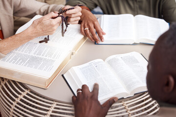 Bible, prayer group and people hands for religion support, faith and christian worship or spiritual...