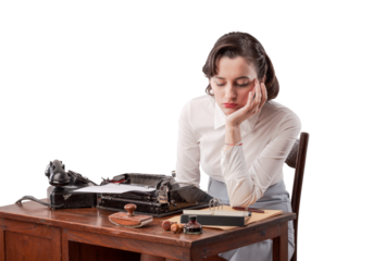 Sad bored secretary working in the office, vintage style