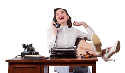 Lazy vintage style secretary having phone calls - obrazy, fototapety, plakaty