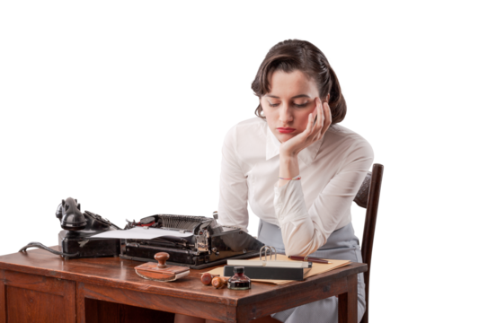 Sad bored secretary working in the office, vintage style - Powered by Adobe