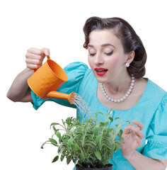 Retro style woman watering plants