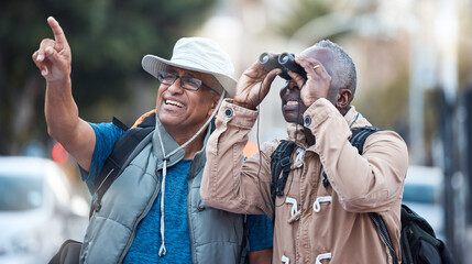 Binoculars, city and men travel outdoor of discovery, explore vacation or tourist adventure walk. Happy friends, tourism and sightseeing search in sky, lens or journey direction of holiday experience