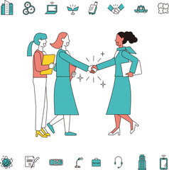 アジア系とアフリカ系のビジネスパーソンの握手とアイコンセット