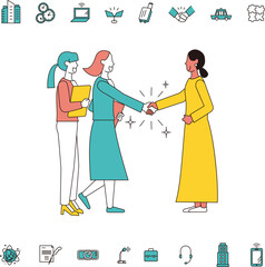 アジア系とインド系のビジネスパーソンの握手とアイコンセット