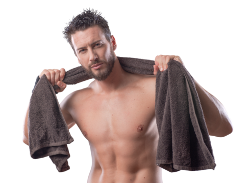 Cool athletic man posing with towel