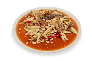 spicy green mango salad with crispy fish