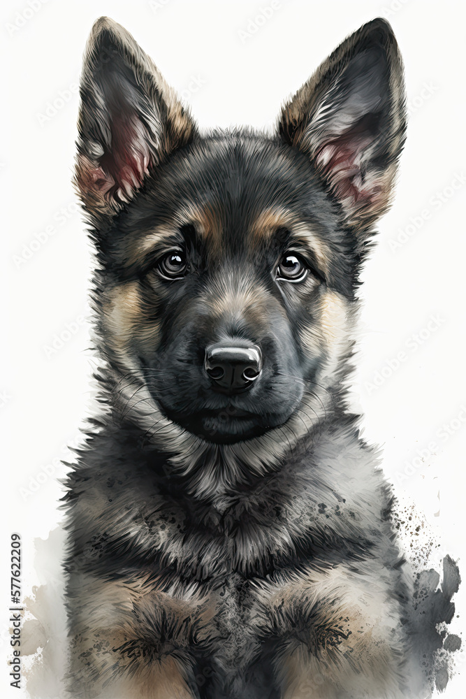 Wall mural Watercolor portrait of a cute german shepherd dog puppy created using generative AI tools