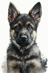 Watercolor portrait of a cute german shepherd dog puppy created using generative AI tools