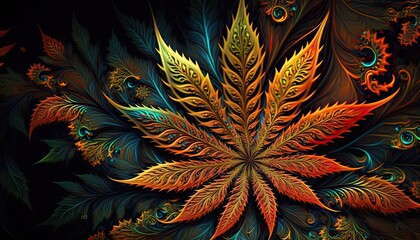 Beautiful Designer 420 Cannabis Seasonal Background with Fractal patterns Vibrant color Modern Wallpaper Template with Vibrant Hues for Presentation, Ad, and All Applications (generative AI)