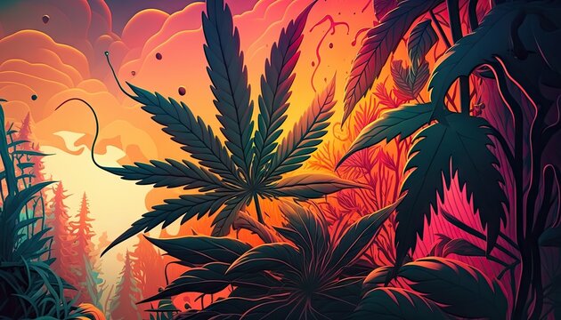 Beautiful Designer 420 Cannabis Seasonal Background with Graphic illustrations Vibrant color Modern Wallpaper Template with Vibrant Hues for Presentation, Ad, and All Applications (generative AI)