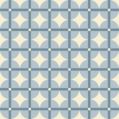 Retro aesthetic seamless pattern in style 60s, 70s. Geometric circles and linear grid on a beige background. Monochrome vector print. Blue and beige colors