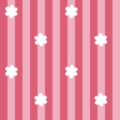 Seamless pattern with white flowers on a pink striped background. Raster geometric stripes and flowers allover print 