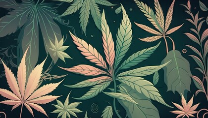 Beautiful Designer 420 Cannabis Seasonal Background with Iconic symbols Soft color Modern Wallpaper Template with Vibrant Hues for Presentation, Ad, and All Applications (generative AI)