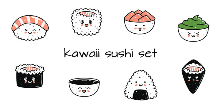 Set of kawaii sushi mascots in cartoon style. Different types of sushi