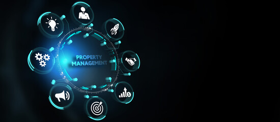 PROPERTY MANAGEMENT inscription, new business concept Business, Technology, Internet and network concept. 3d illustration