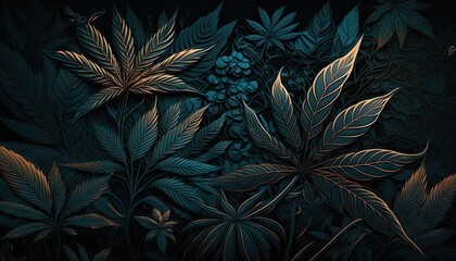 Beautiful Designer 420 Cannabis Seasonal Background with Repeating shapes Dark color Modern Wallpaper Template with Vibrant Hues for Presentation, Ad, and All Applications (generative AI)