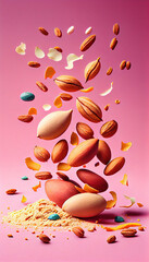 Peeled Almonds Creatively Falling-Dripping or Splashing On Pink Background AI Generative