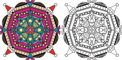 Hand-drawn. Merry Christmas mandala. Doodles art for Christmas or new year card. Coloring page for adult and kids.
