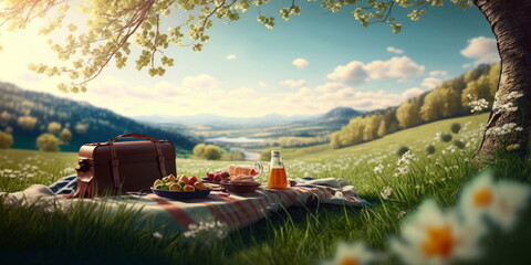 enjoying a picnic in a scenic spring meadow Generative AI - obrazy, fototapety, plakaty