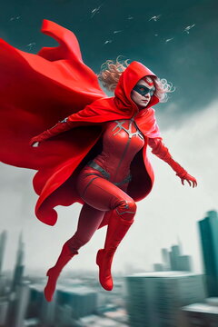 A women superhero in a mask flies against the backdrop of the city to help people in a red raincoat Generative AI