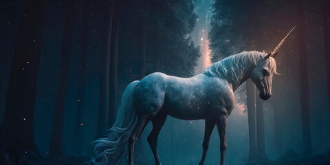 A mystical unicorn in a forest with glittering stars Generative AI