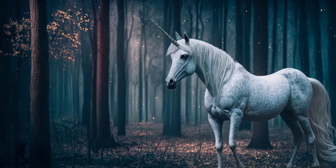 Obraz na płótnie Canvas A mystical unicorn in a forest with glittering stars Generative AI