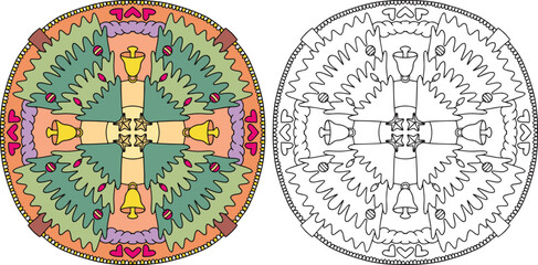 Hand-drawn. Christmas mandala. Doodles art for Christmas or new year card. Coloring page for adult and kids.
