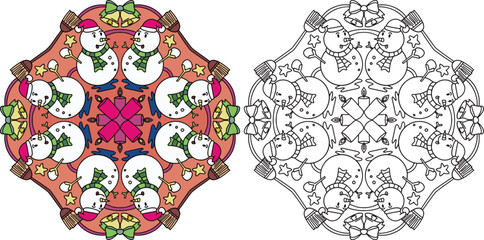 Hand-drawn. Snowman cartoon and candles mandala. Doodles art for Merry Christmas or Happy new year card. Coloring page for adult and kids.
