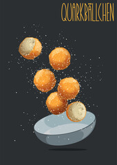German quark balls - Quarkbällchen - juicy fluffy. Vector illustration